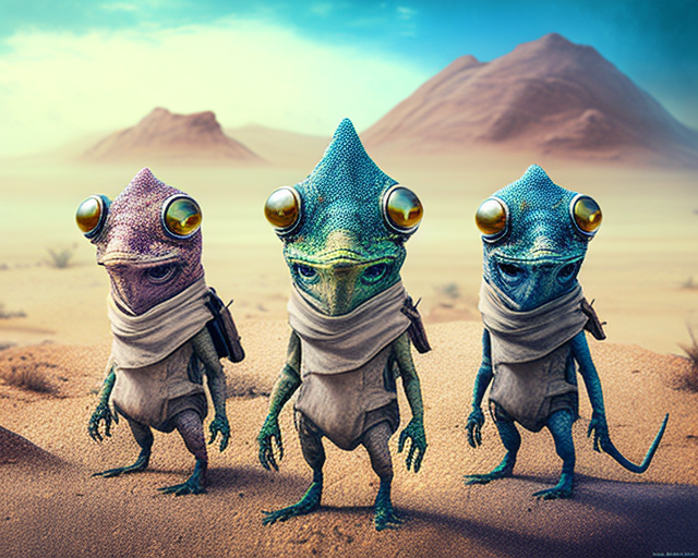 Three curious lizard nomads exploring the desert