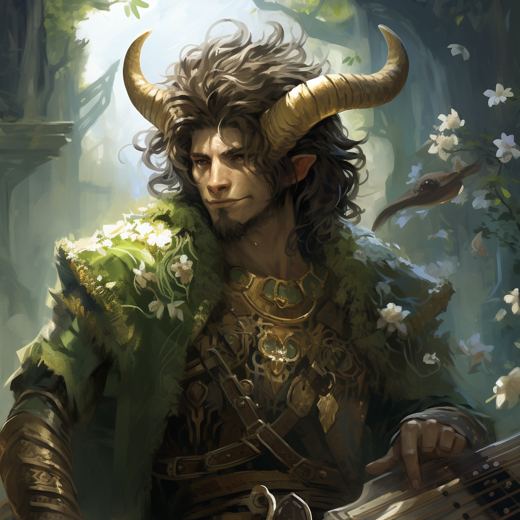 Satyr playing a brass horn at an outdoor medieval festival