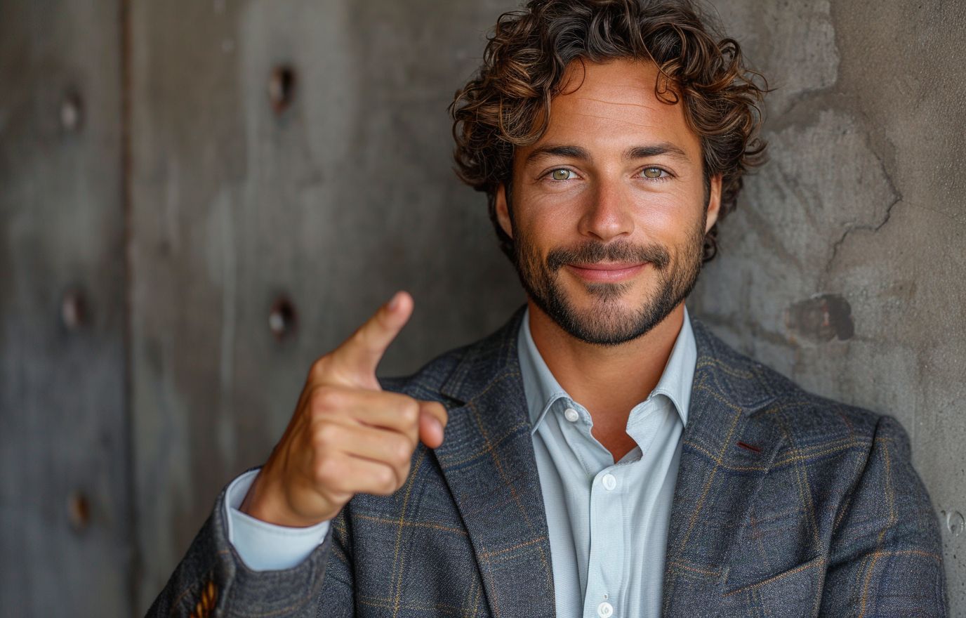 Curious white man in suit pointing left