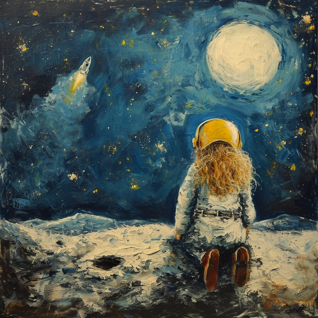 Little girl with astronaut helmet on moon