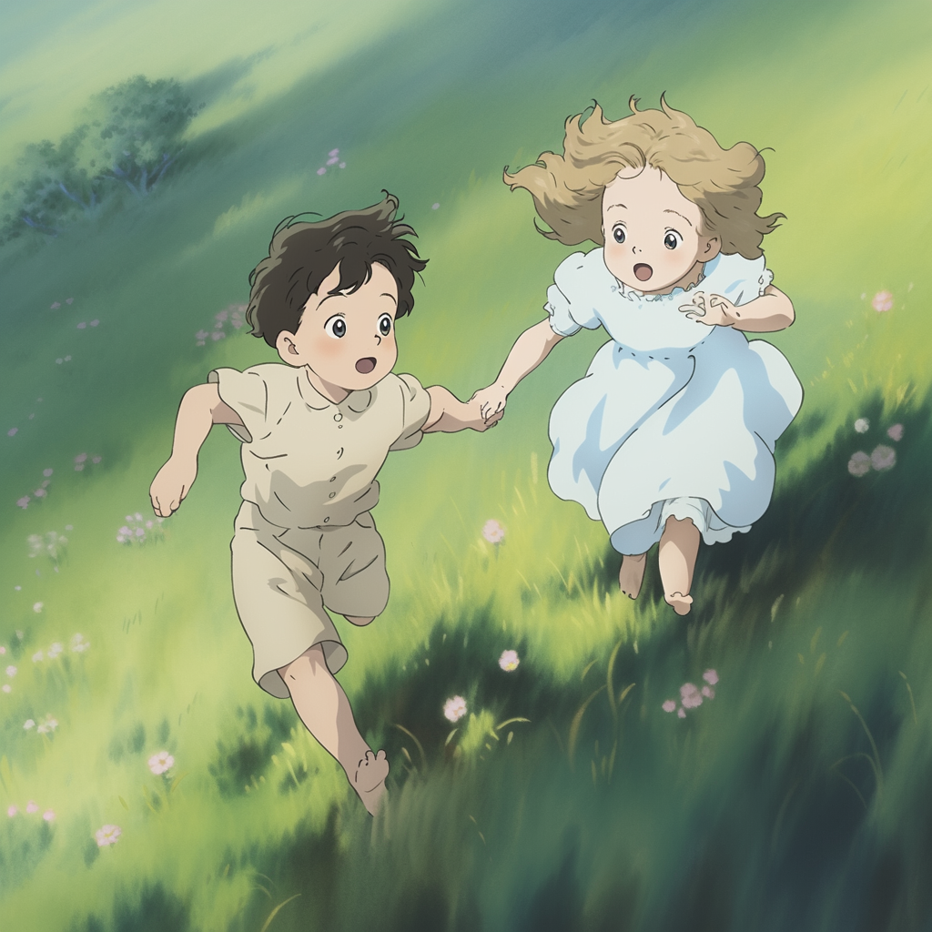 Young girl and boy enjoying a playful run