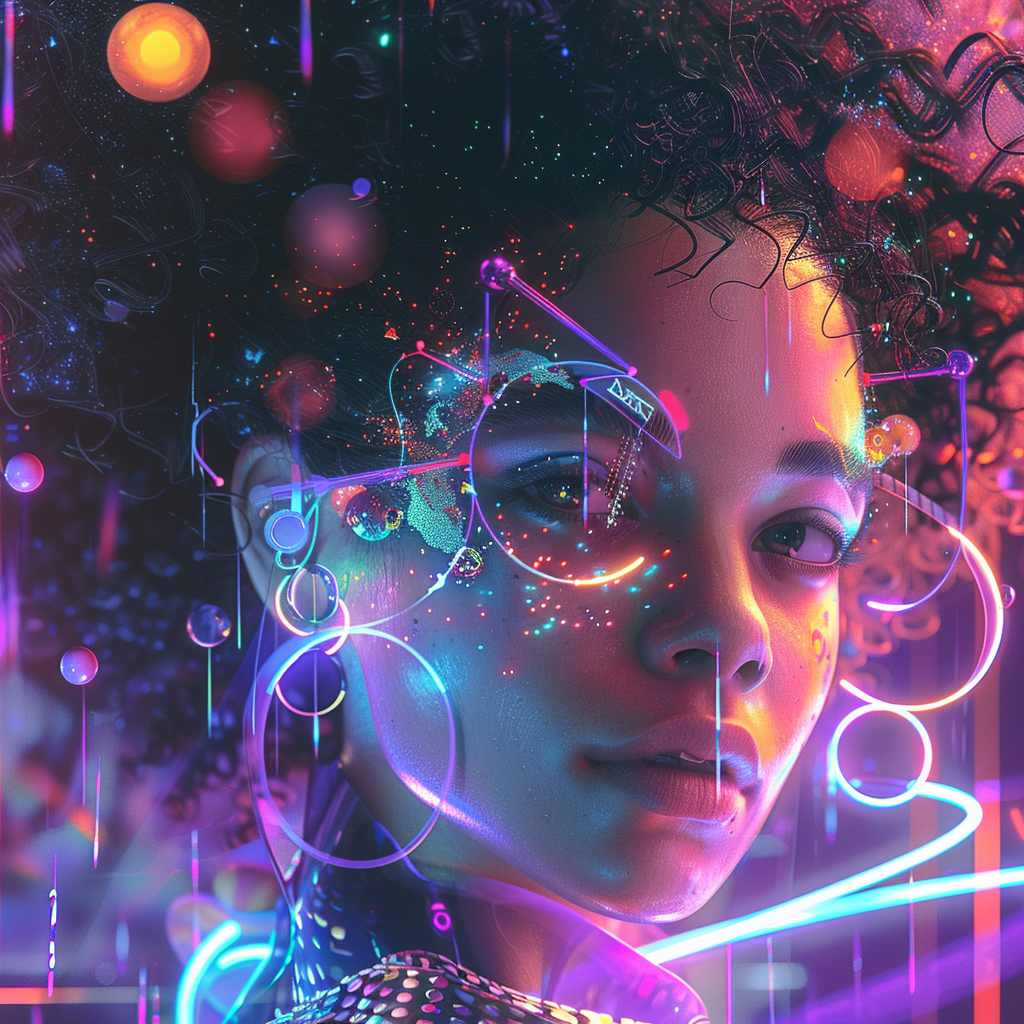 Attractive woman in neon cyberpunk galaxy