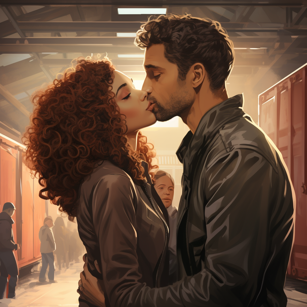 Romantic kiss between a curly-haired girl and a man