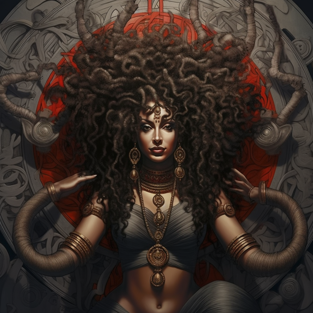 Curly-haired woman as Indian Goddess Kali