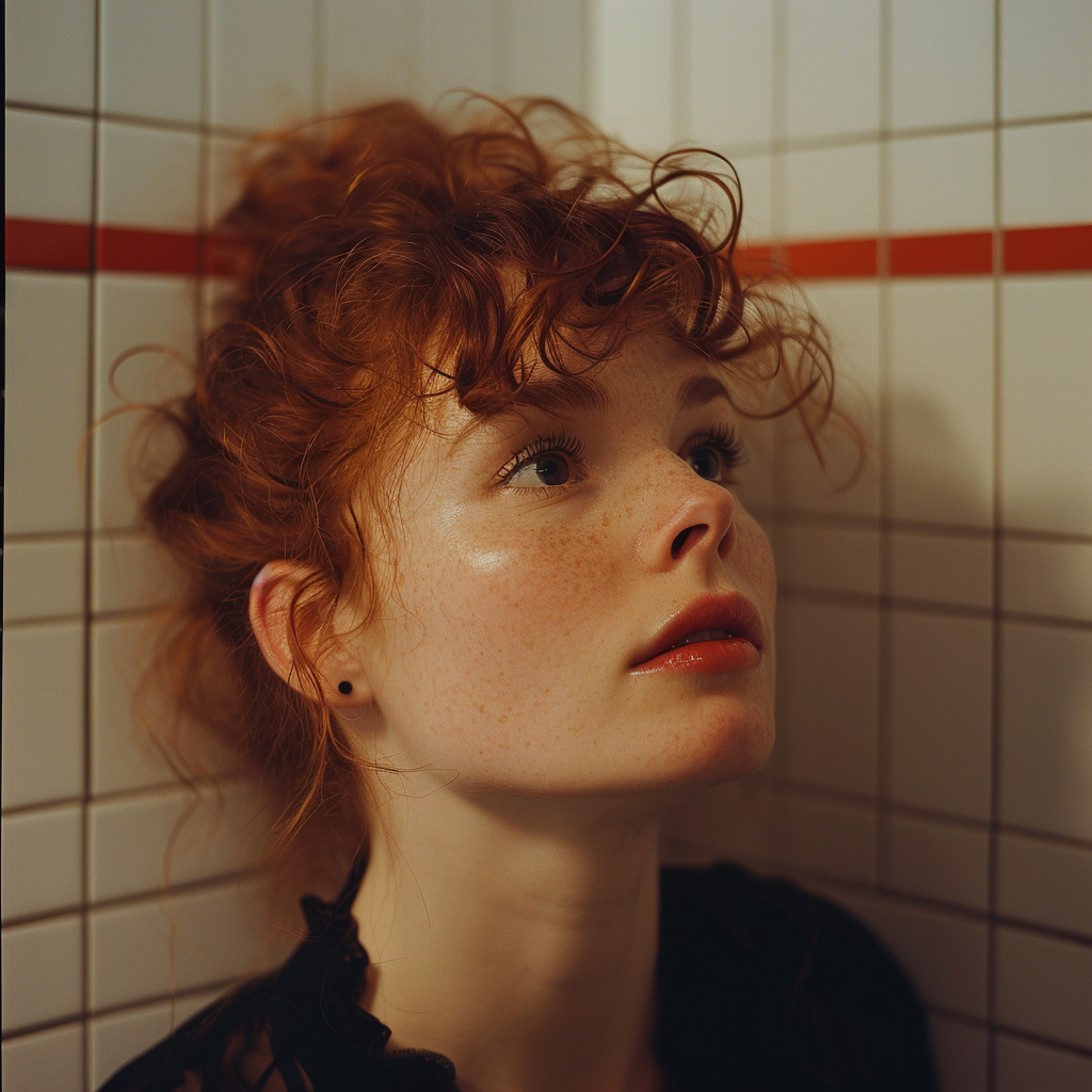 Curly red-head woman indoor portrait