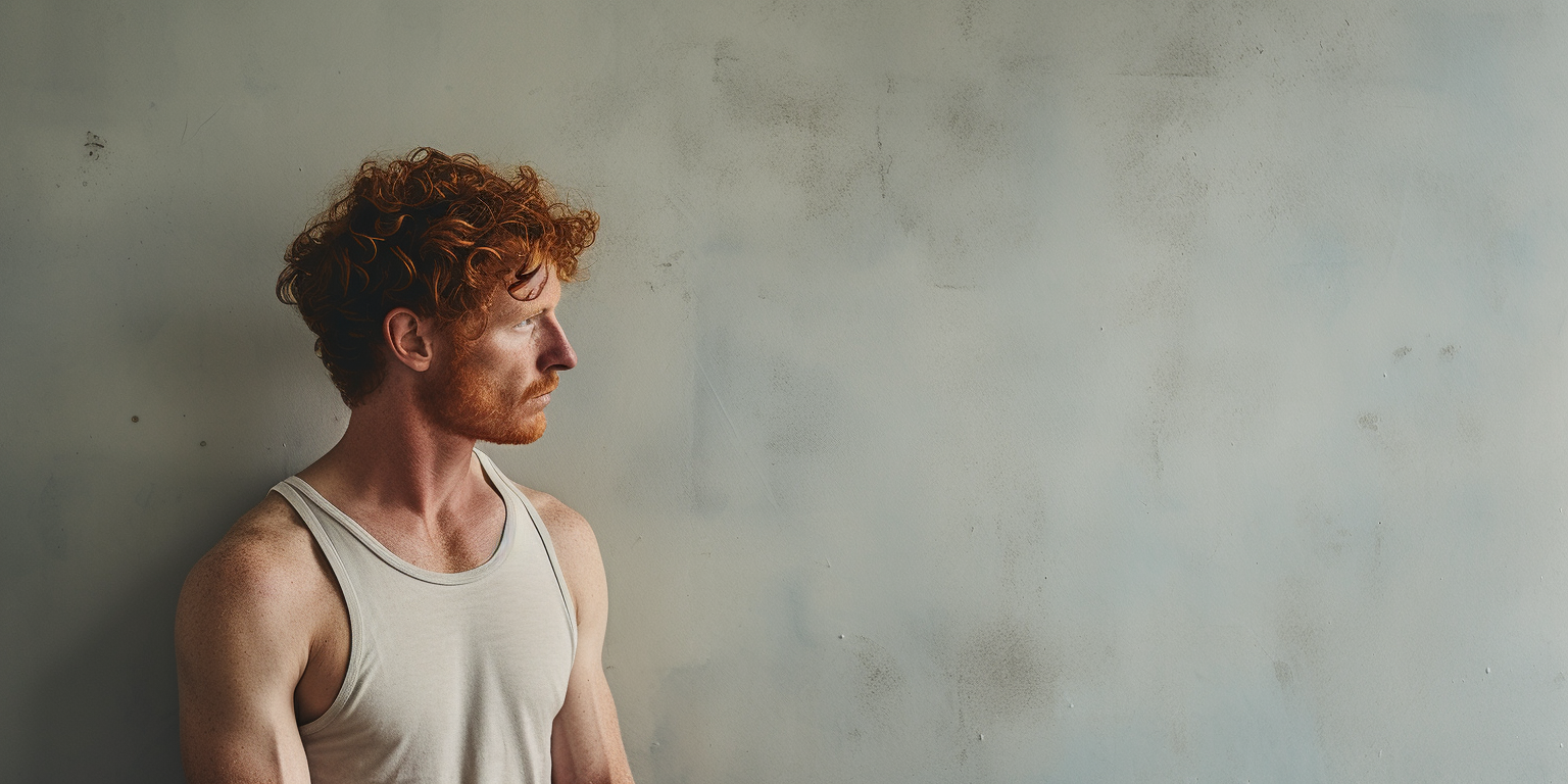 Sad curly-haired man against wall