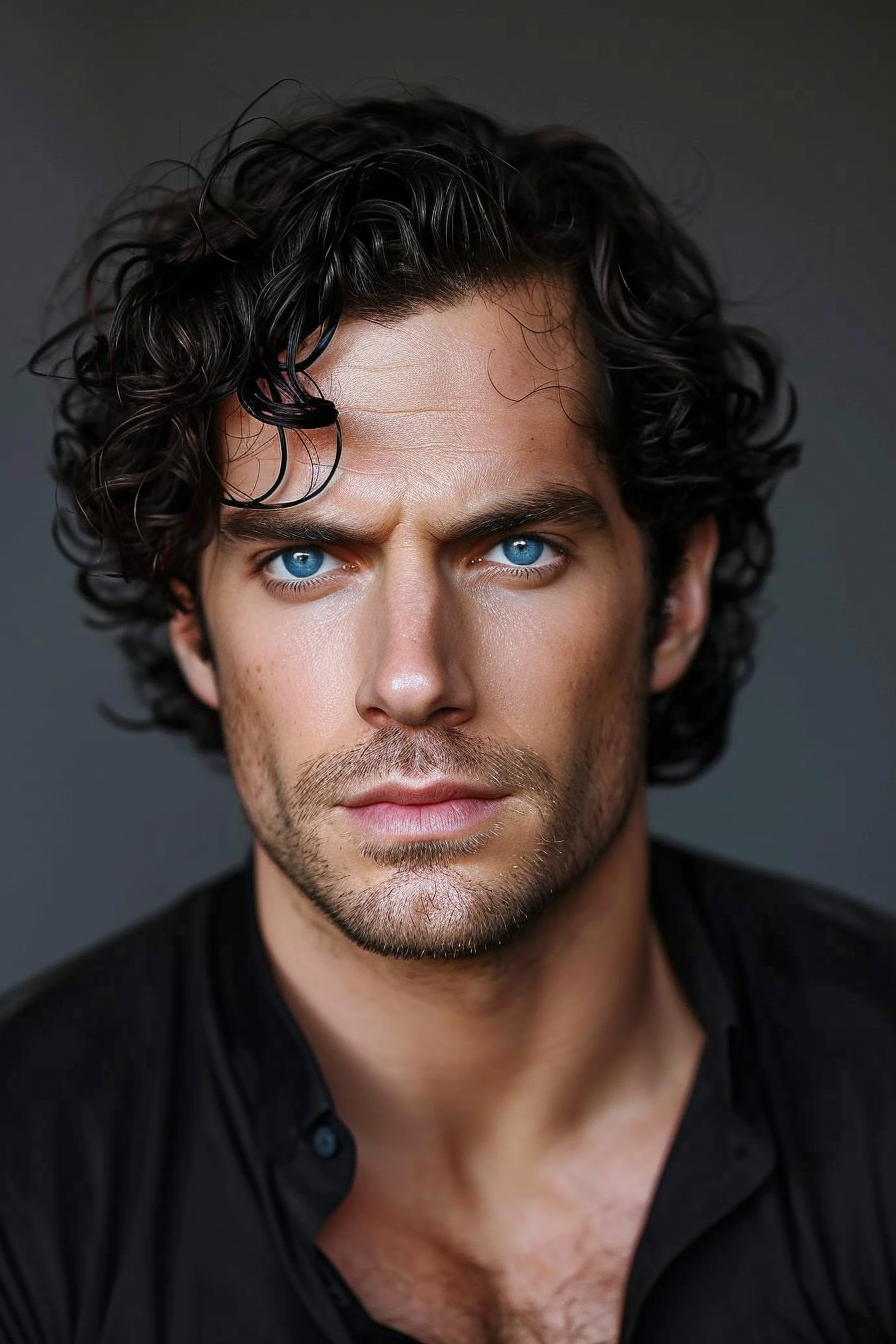 Henry Cavill with curly hair as Superman