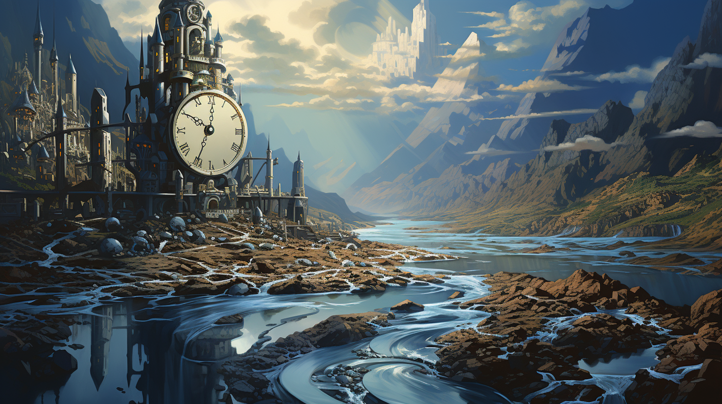 Surreal landscape with flowing currency river and futuristic city skyline