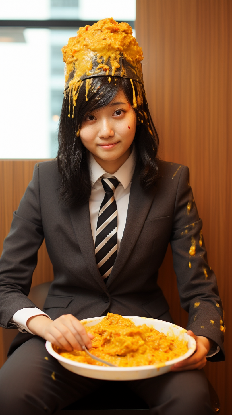 Japanese woman with curry sauce on head