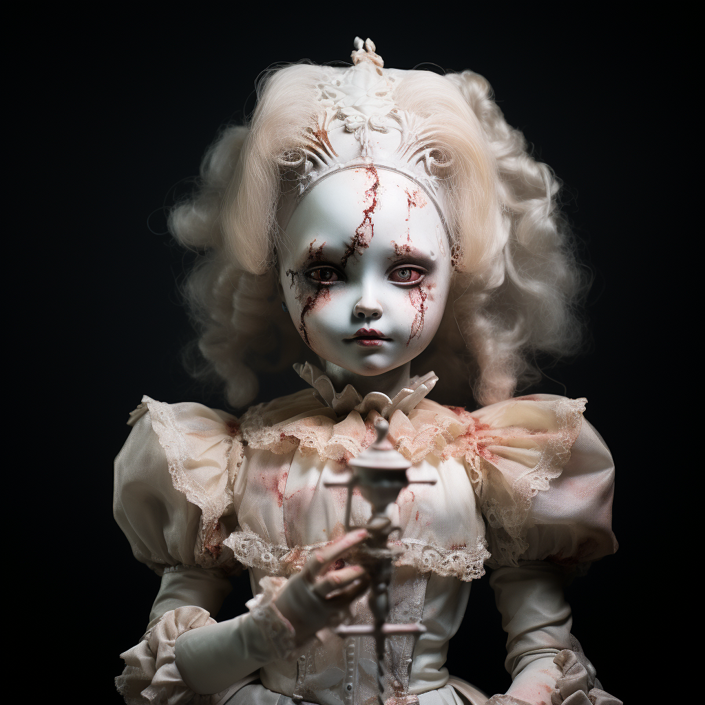 Cursed porcelain doll on white background