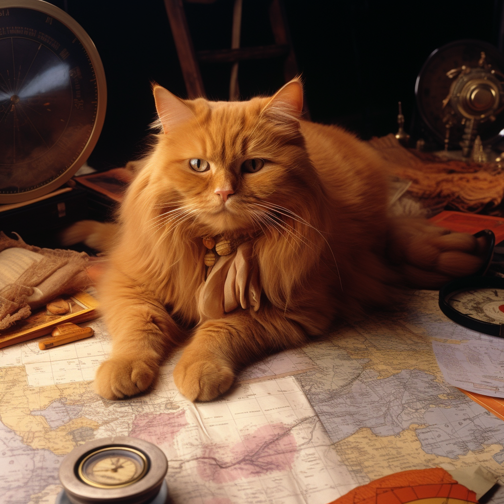 Large Orange Cat on Desk with Maps