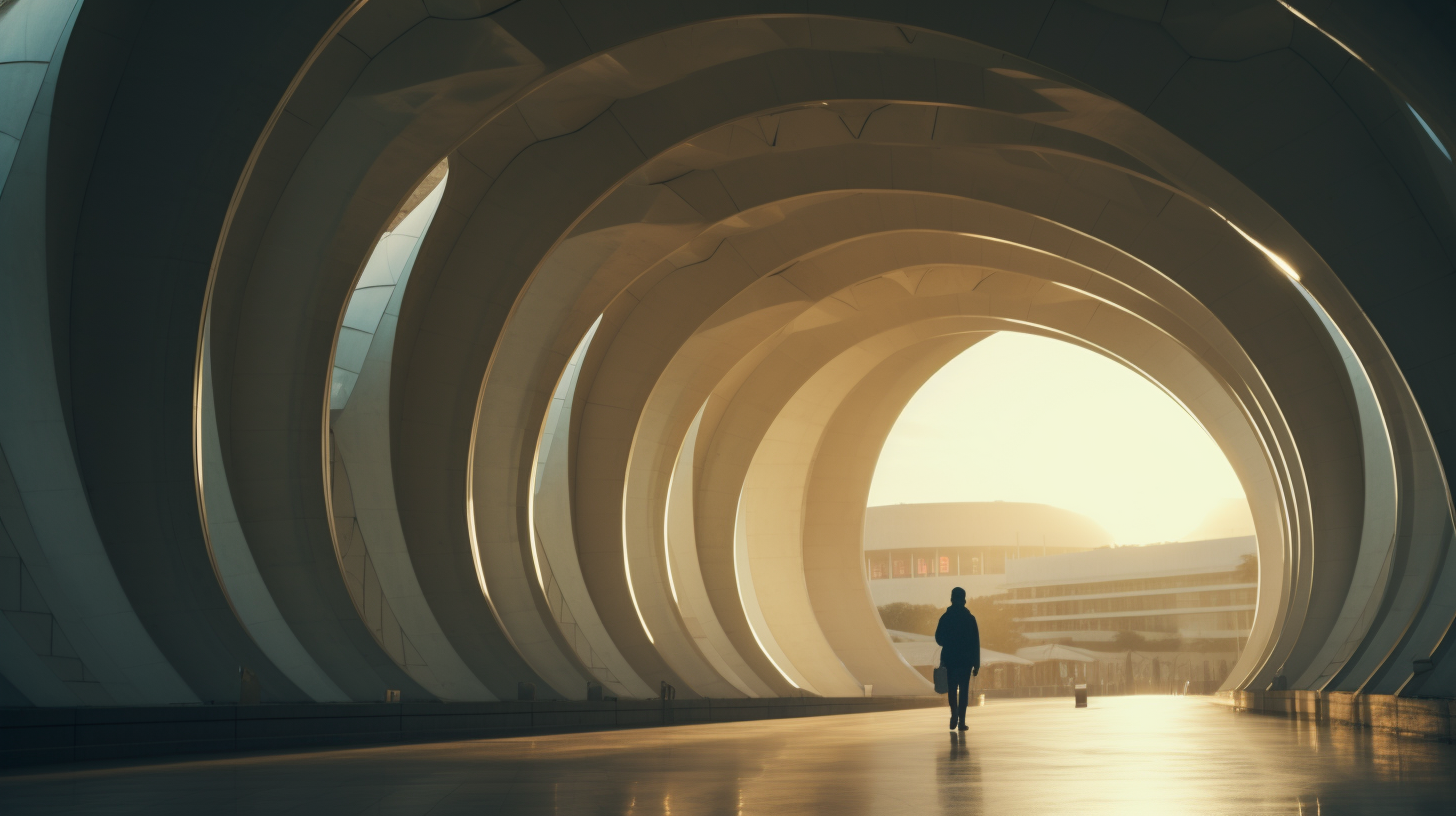 Pedestrians walking under curved archway