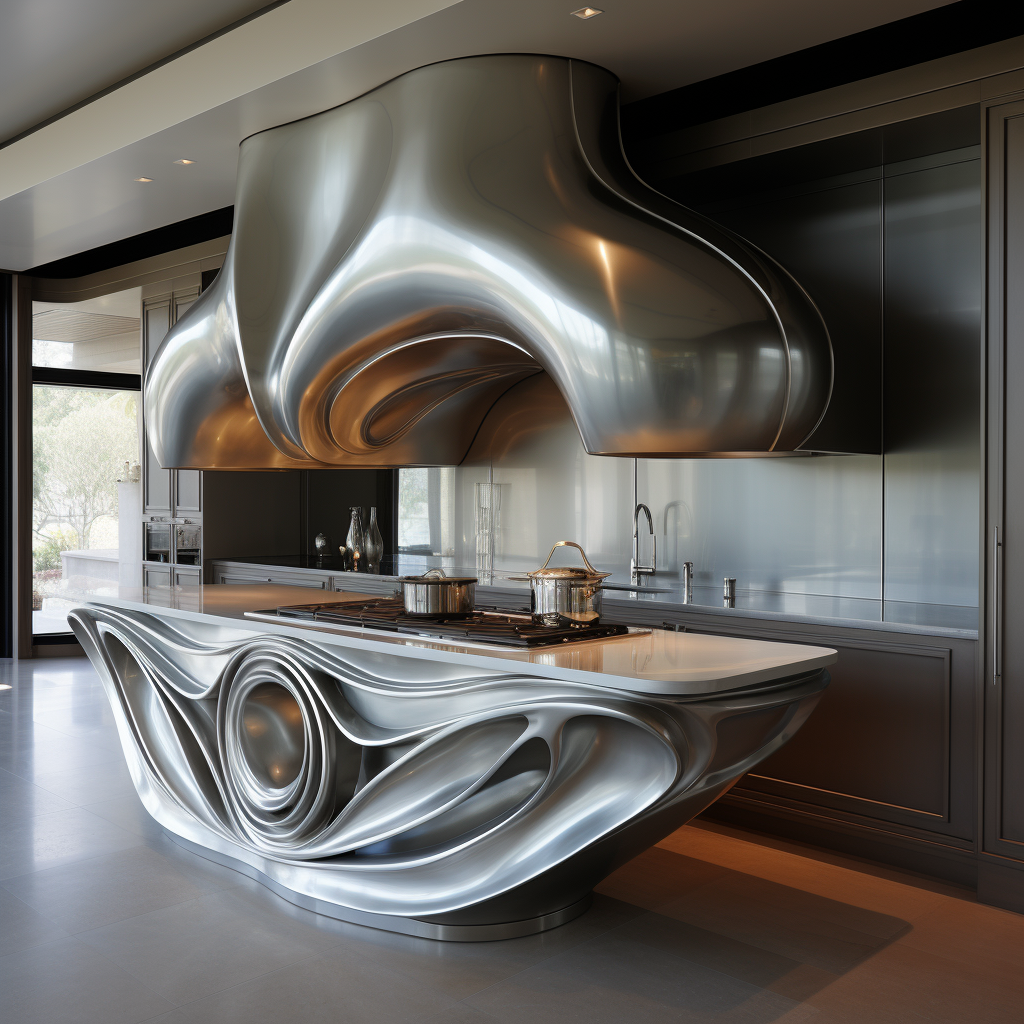 Curved sculptural stove vent hood in dull silver