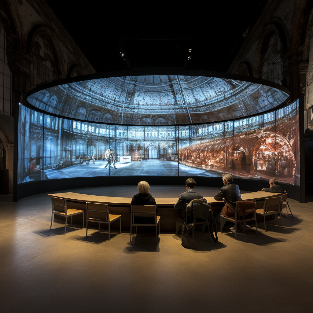 People sitting in front of large curved screen