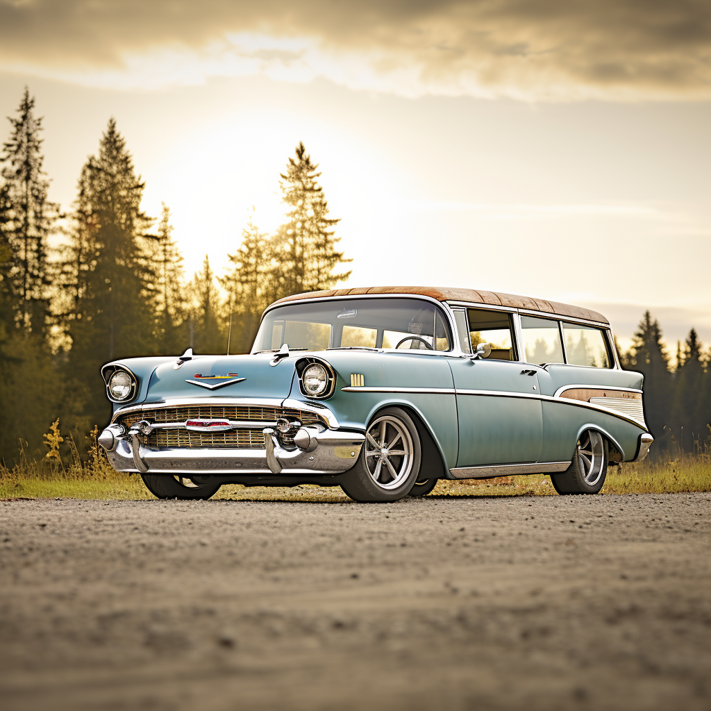 Custom Hotrod 1957 Chevy Nomad in Sunset Forest