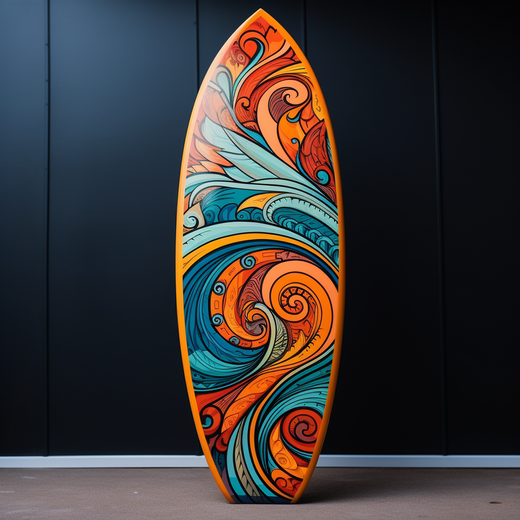 Custom surfboard with vibrant fiberglass artwork