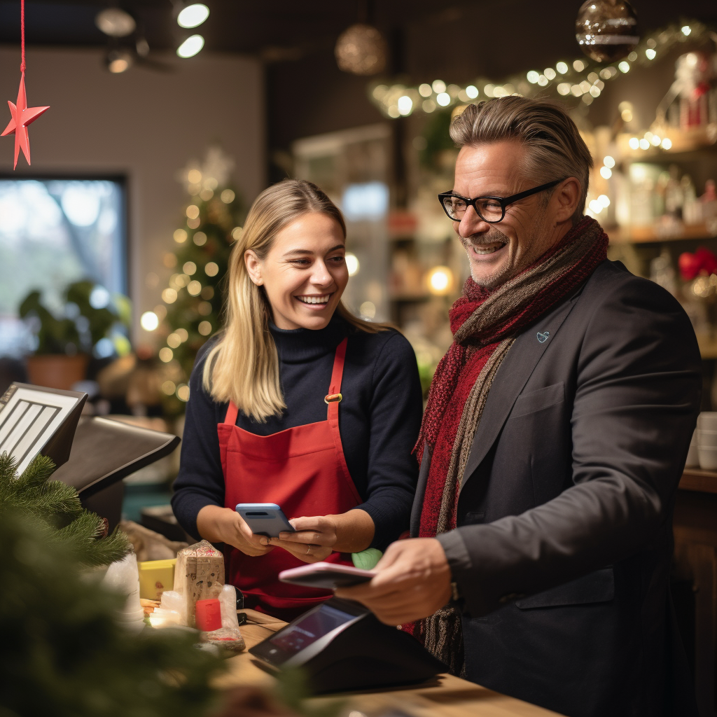 Small business owner and customer using credit card during Christmas