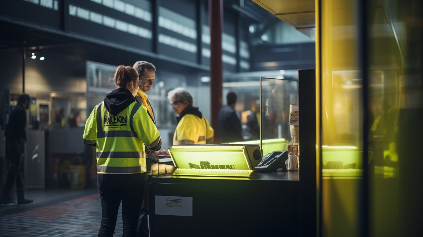 Customers wearing hi-vis in lunch kiosk