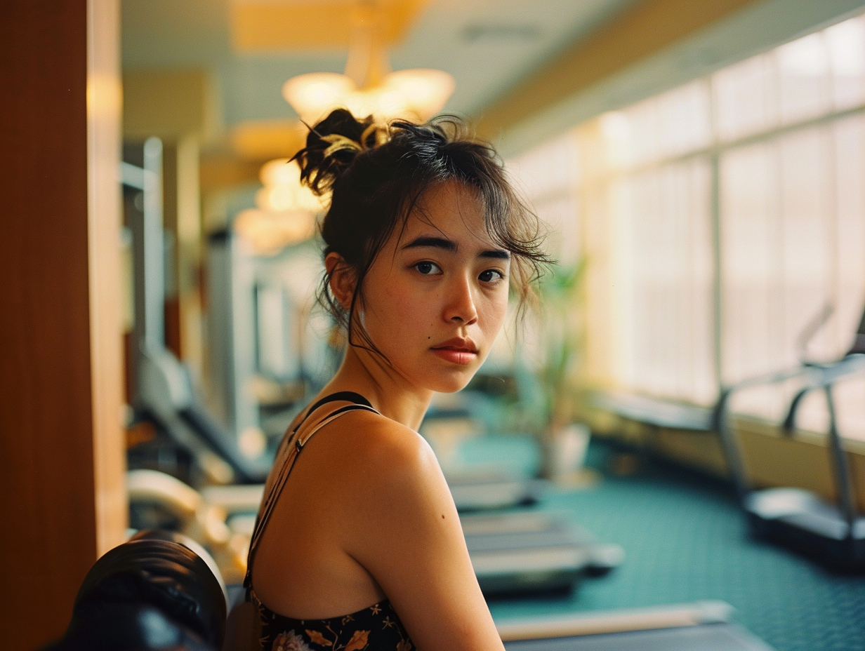 Young woman exercising in a hotel gym