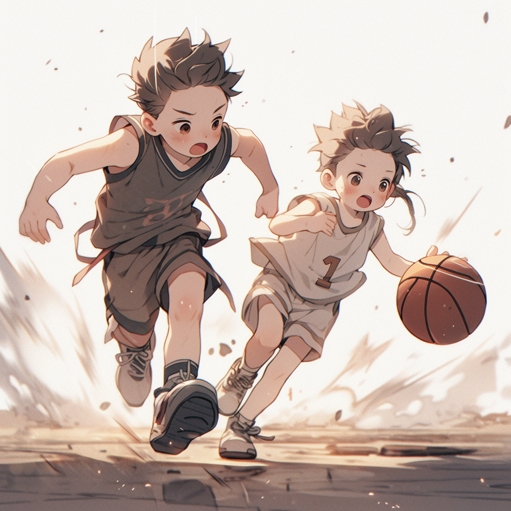 Active boys playing basketball outdoors