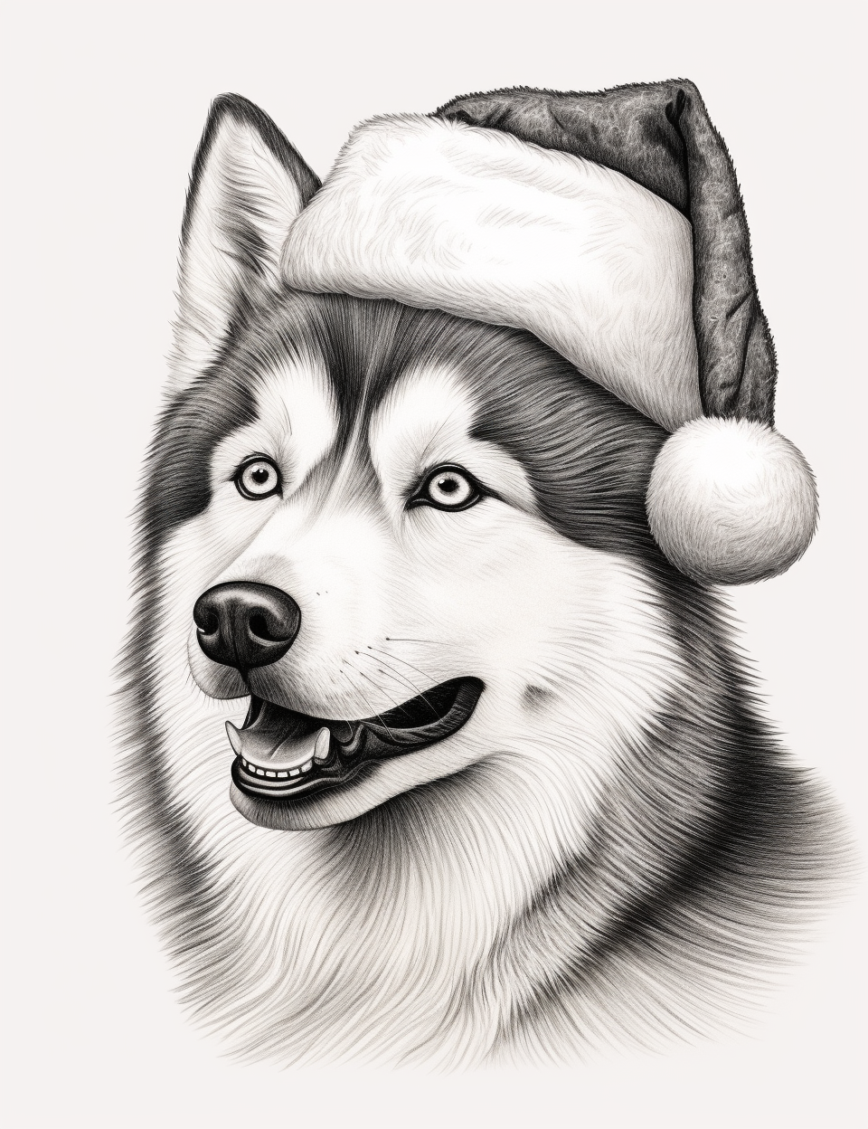 Sketch of cute Alaskan husky with Santa hat