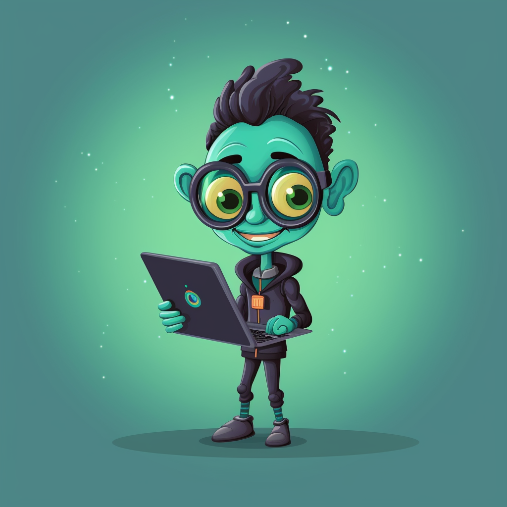 Cute alien developer with laptop waving hello