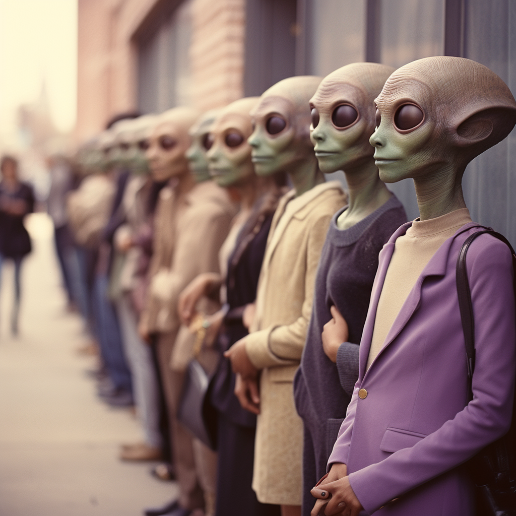 Cute alien girls waiting in line outside club