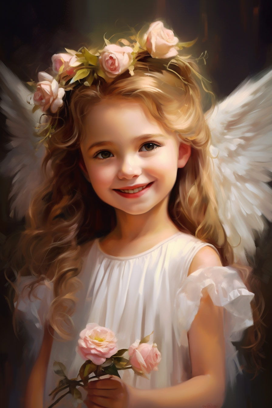 Adorable angel girl with wings and a rose