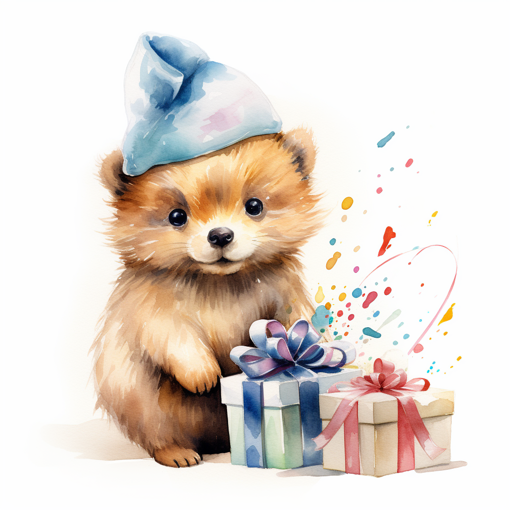 Cute animal holding present, wearing birthday hat