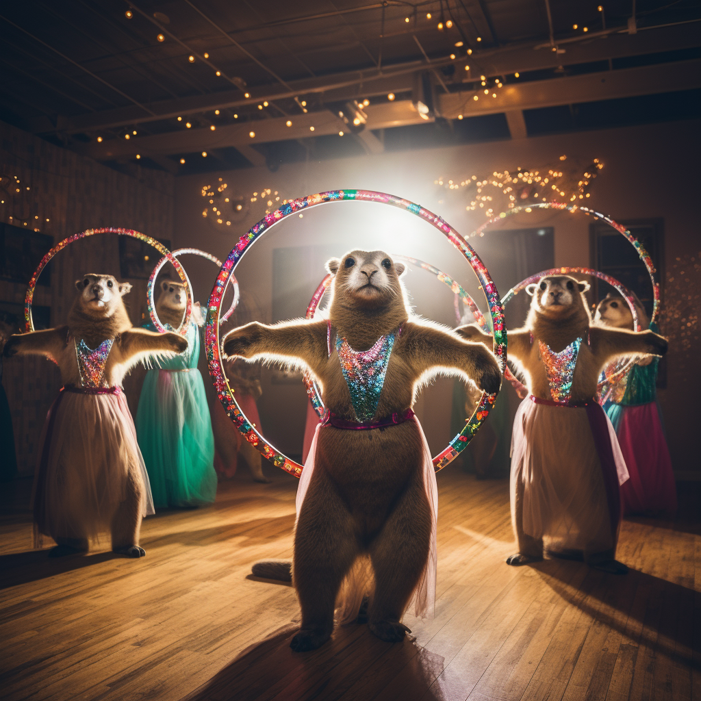 Multiple cute animals exercising with hula hoop