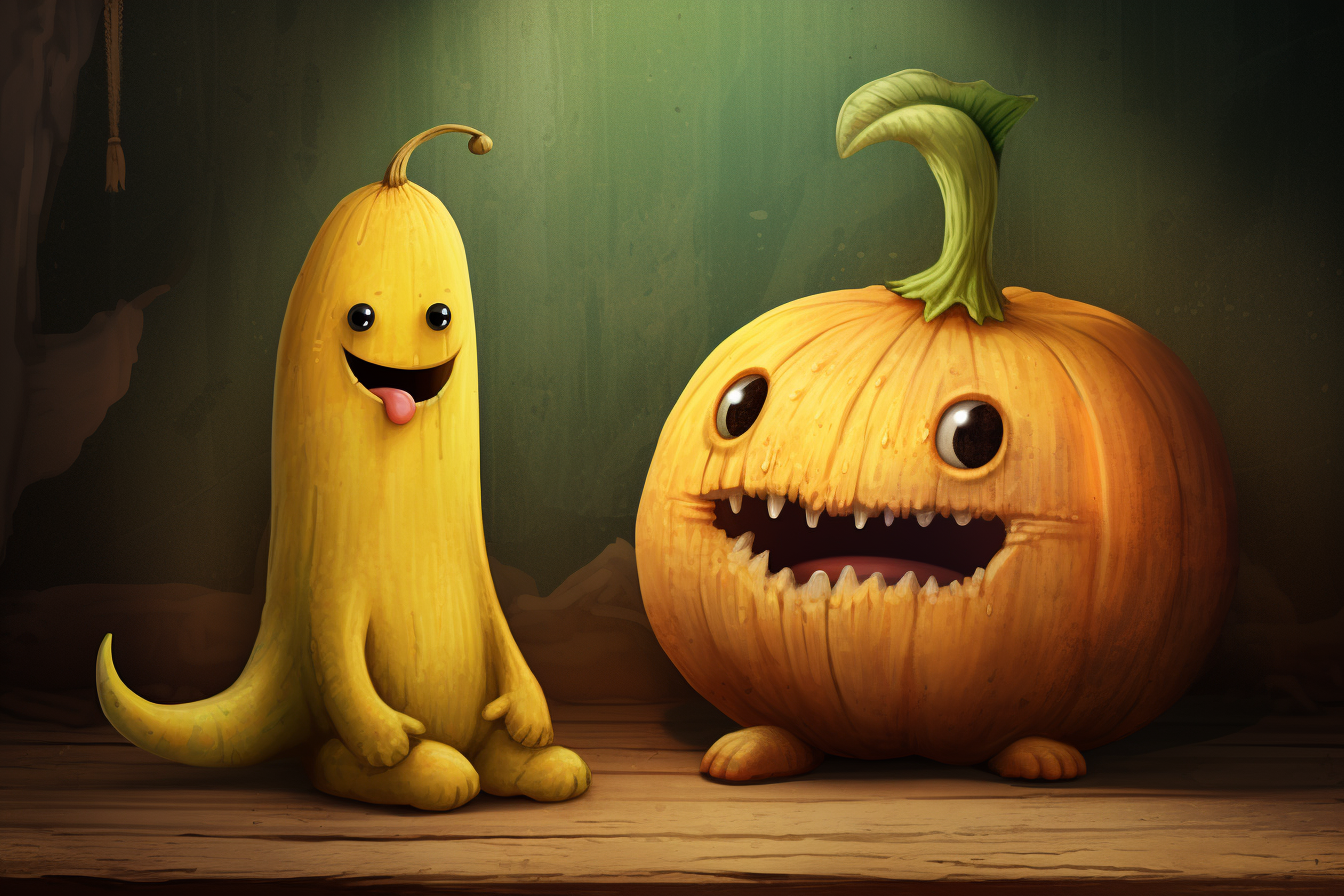 Cute animals and creepy banan monster illustration