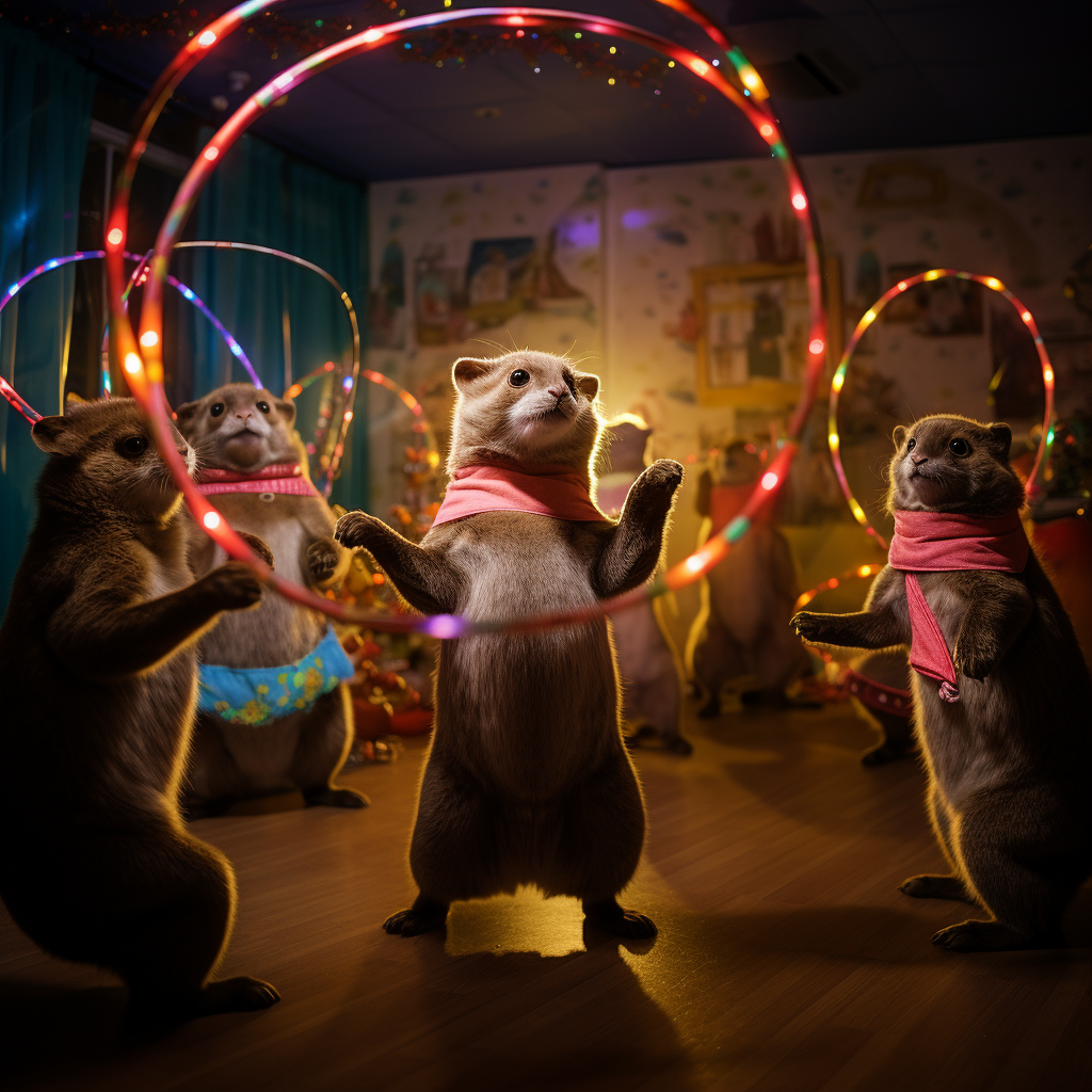 Multiple cute animals exercising with hula hoop