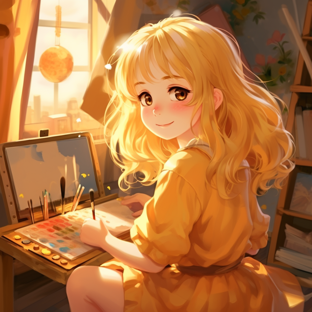 Cute anime blonde girl making art