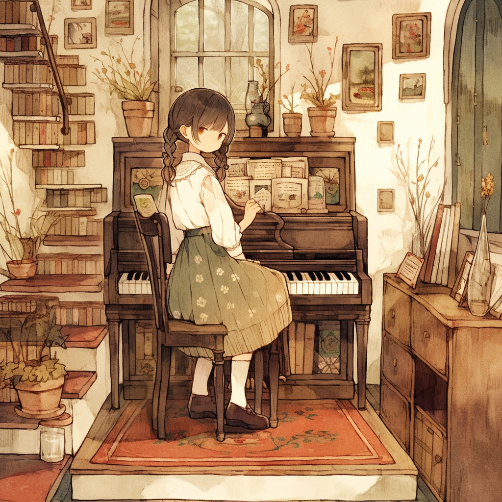 Cute anime girl playing piano