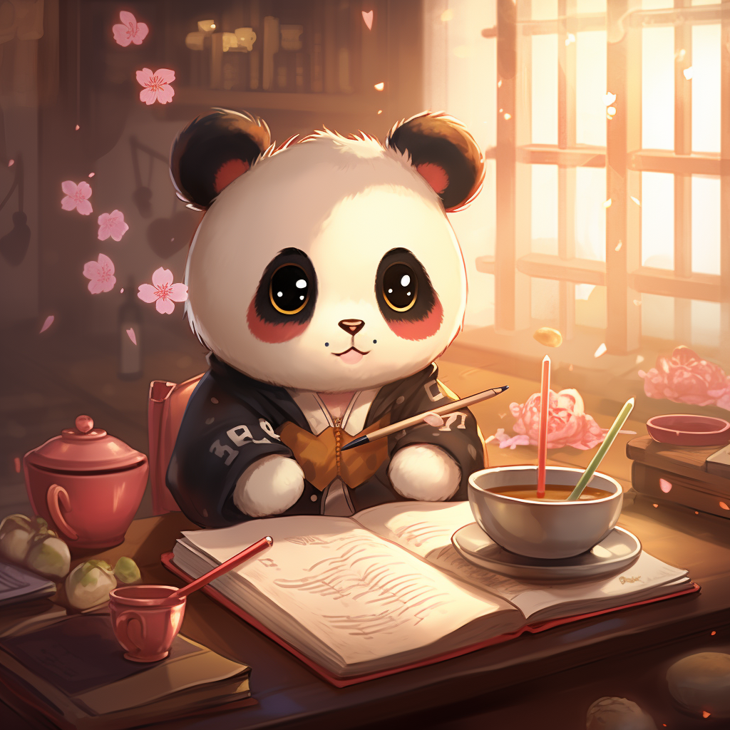 Cute anime panda writing a journal