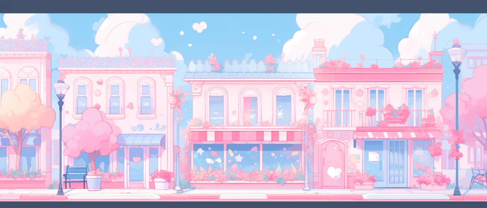 Cute anime street with blue skies