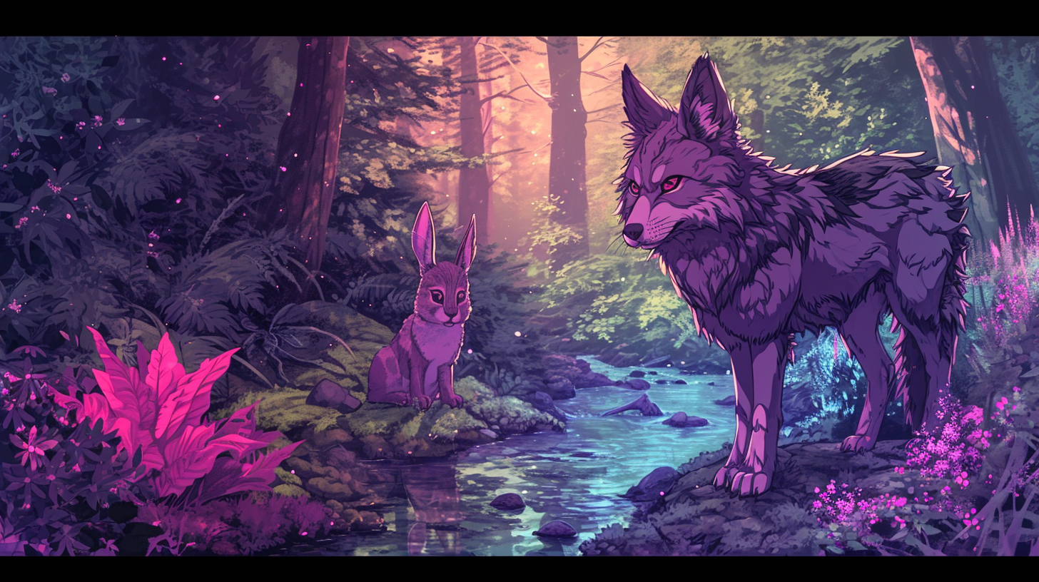 Cute Anthro Female Wolf and Bunny Walking in Forest