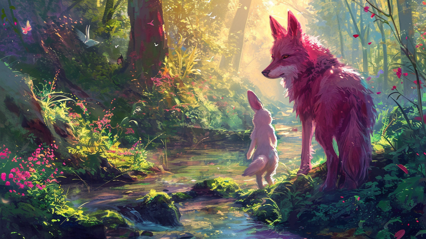 Cute Anthro Magenta Female Wolf and Bunny in Forest