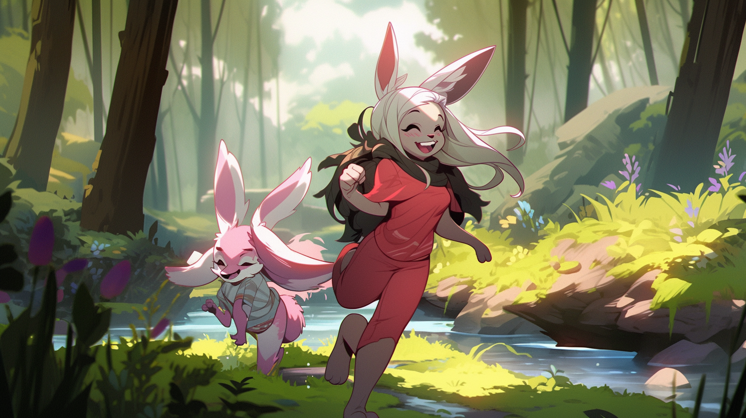 Anthro wolf and bunny in forest