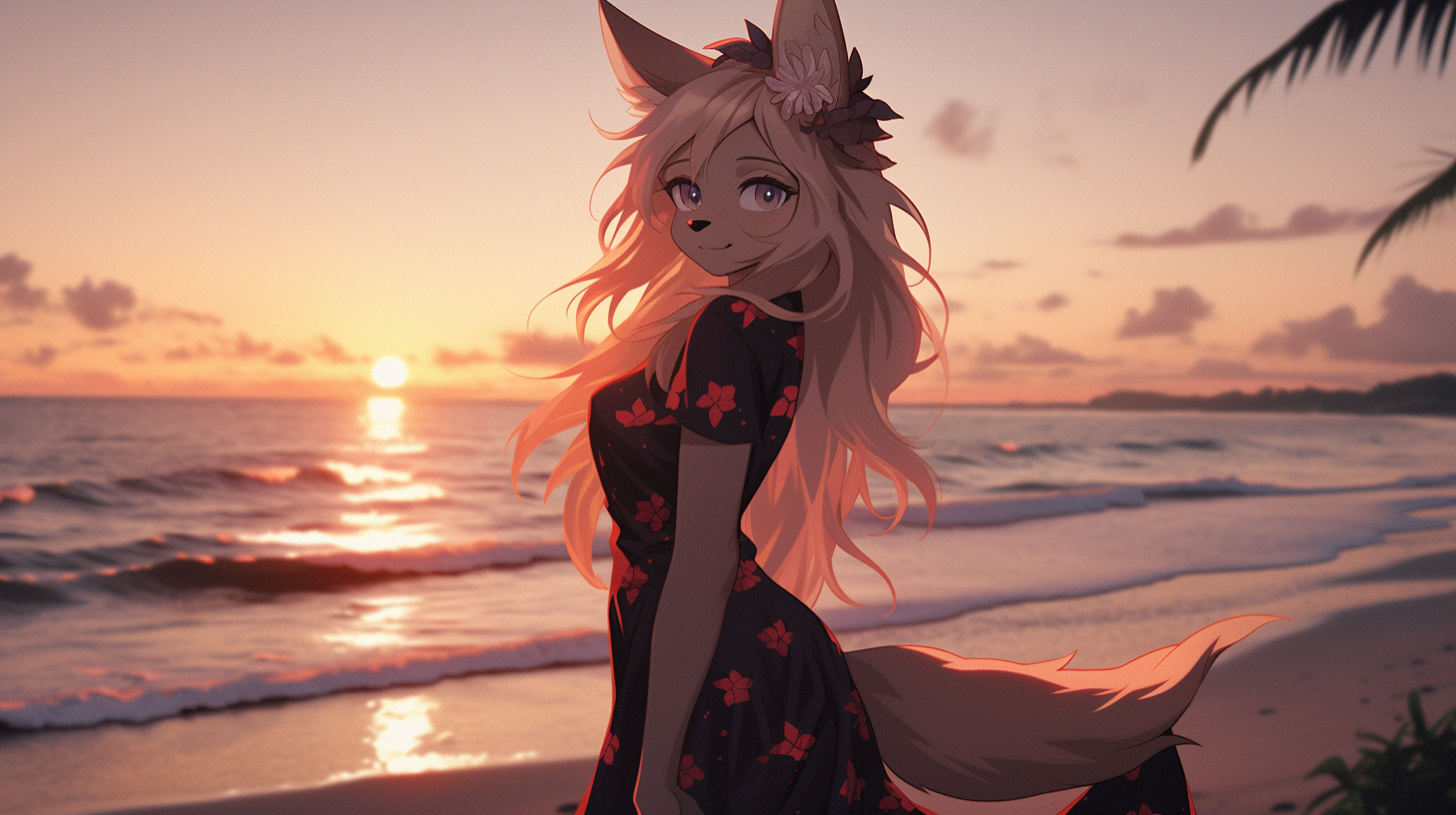 Cute Anthro Woman Fox Fluffy Fursona Beach Sunset