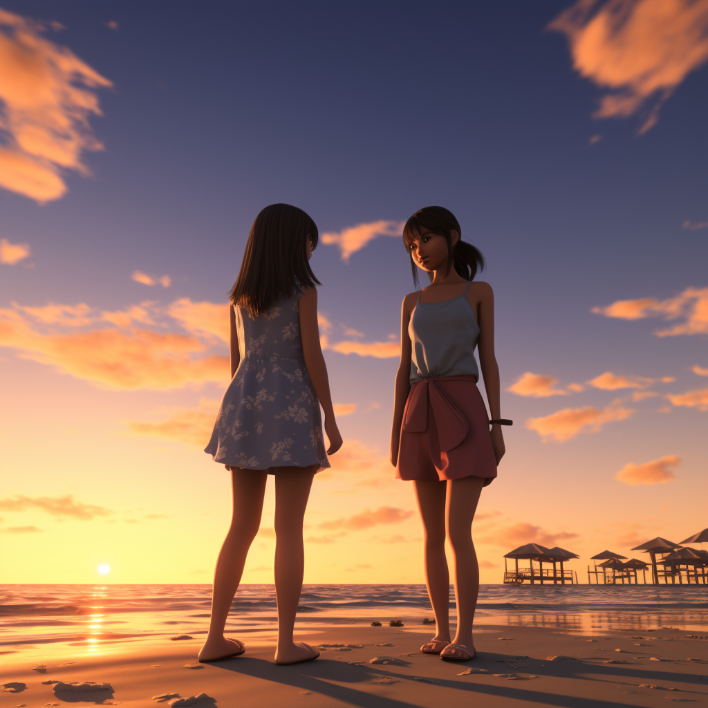 Two cute Asian girls enjoying the beach