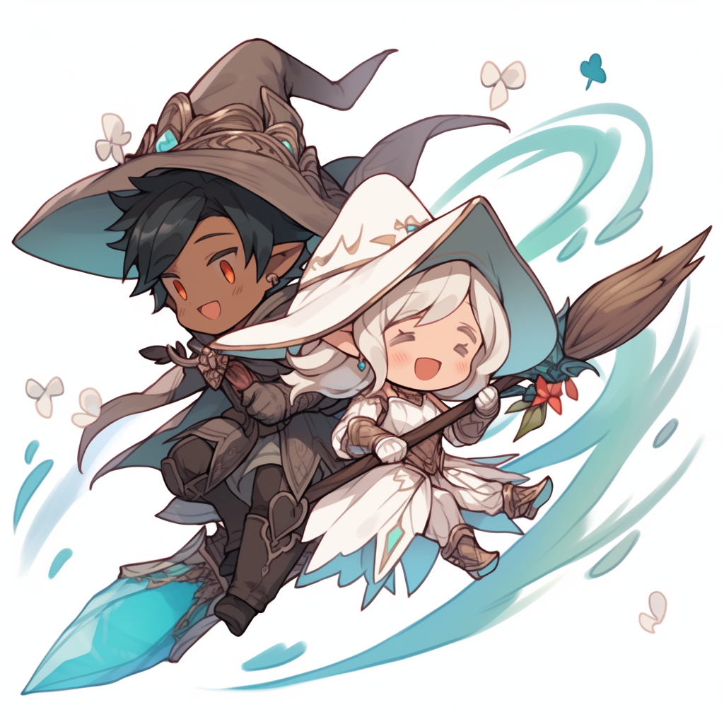 Cute Assassin Elf and Paladin on Broom