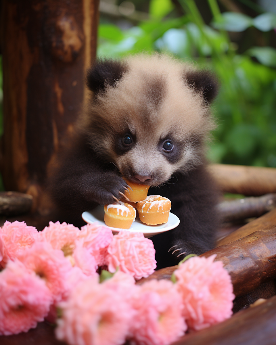 Adorable baby bear enjoying delicious pastries in Kauai jungle