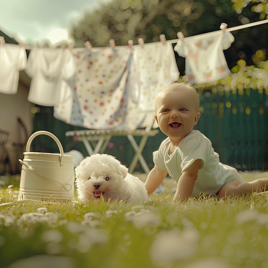 Baby and Bichon Frise Play