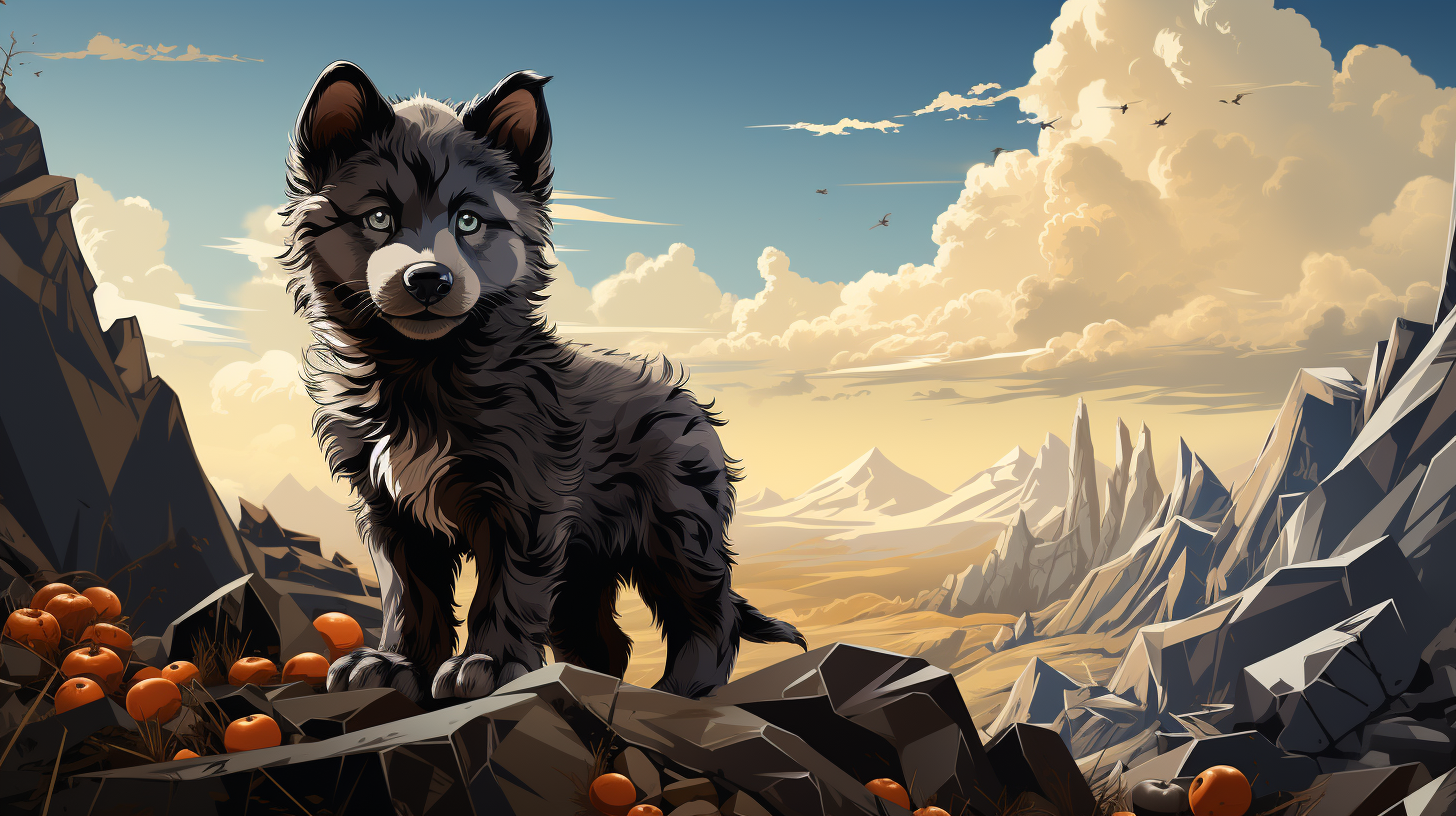 Cute baby cartoon black wolf playing