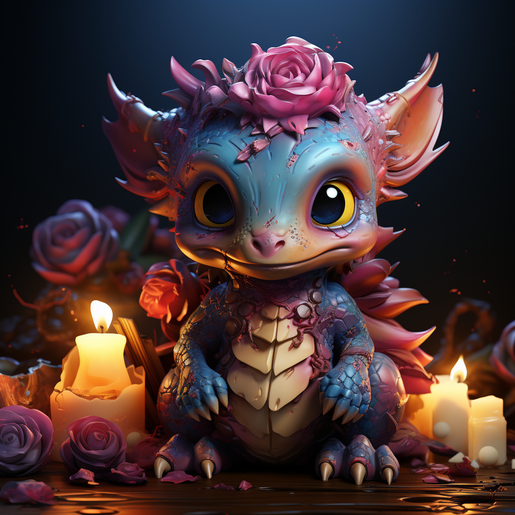 Cute baby dragon cuddling colorful human remains