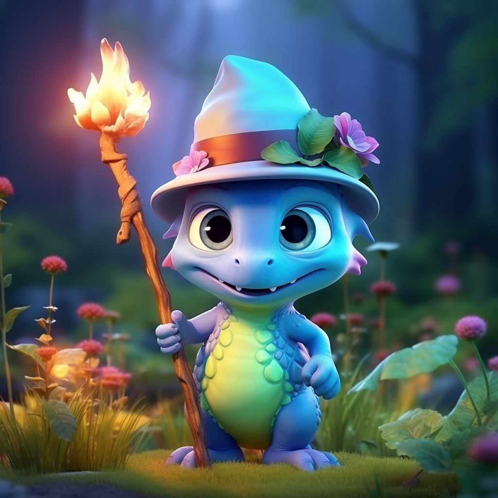 Cute baby dinosaur wizard in magical forest