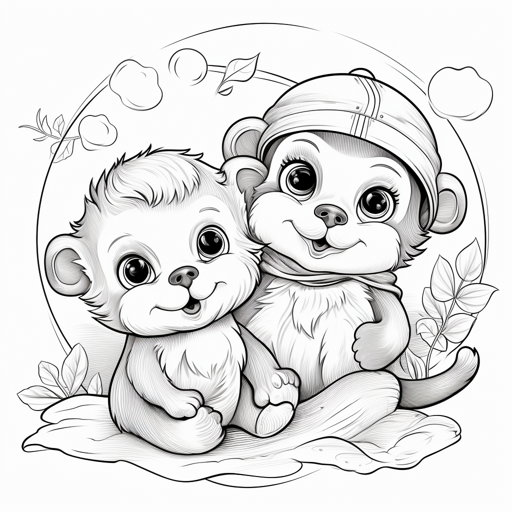 Cute baby dog, monkey, and otter on coloring book