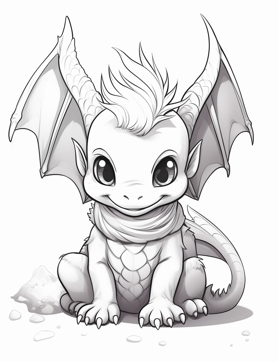 Adorable baby dragon sitting on snow