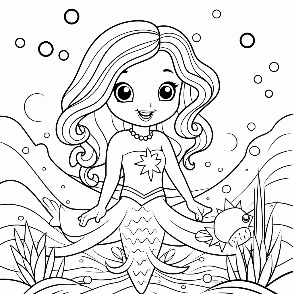 Cute baby mermaid coloring book page